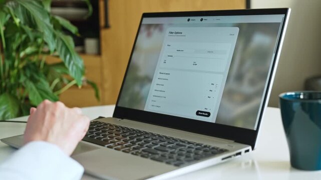 Person booking accommodation online using laptop at home desk.