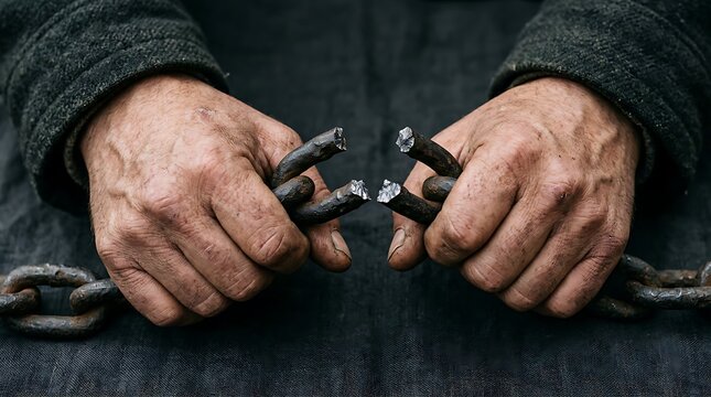 Elderly person hands breaking metal chain symbolizing freedom and liberation.