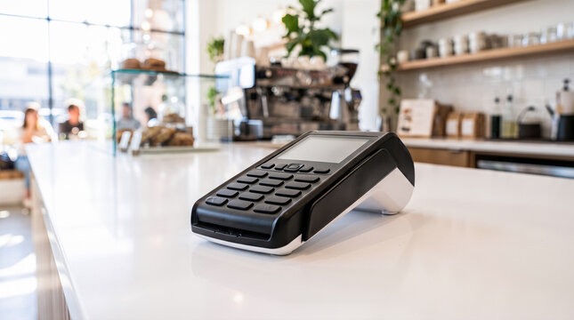 modern black credit card payment terminal sitting on white counter bright blurred cafe background retail business checkout point of sale