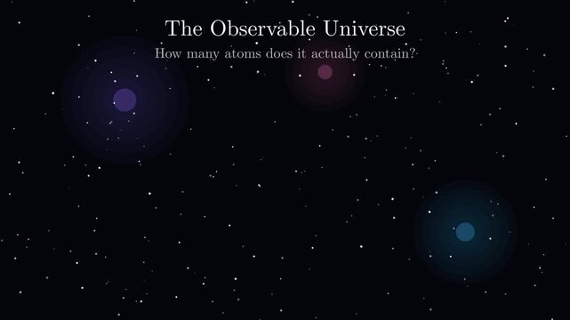 2D vector animation illustrating the astronomical scale of matter with zoom-out visual sequence calculating total estimated observable universe atom count, astrophysics physics animation.