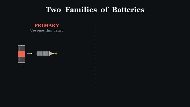 2D chemistry animation showing electron flow, redox reactions, and ion movement in primary and secondary battery types, conceptual science simulation