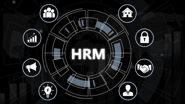Human resource management hrm digital interface concept featuring animated circular infographic for corporate recruitment, talent acquisition, employee development, and strategic business growth