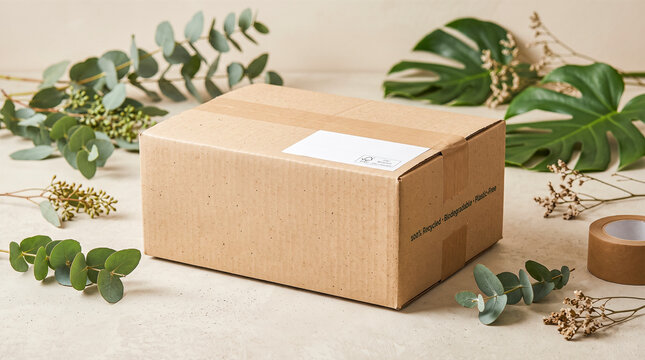 Closed brown cardboard carton featuring blank white label sitting among green eucalyptus leaves tropical plants natural sustainable packaging shipping delivery post mail