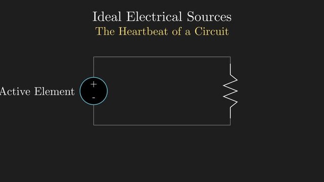 Schematic motion graphic of ideal voltage and current sources in an electrical circuit, 2D animation of constant supply output.