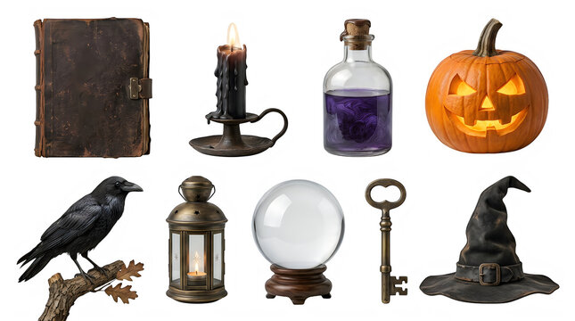 Halloween witch set, vintage grimoire book on leather, crow raven, lantern with flame, purple potion liquid in glass bottle, carved pumpkin jack, magic crystal ball