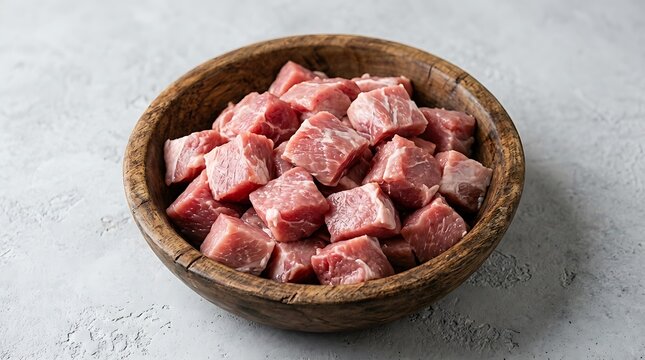 Fresh raw beef cubes in a rustic wooden bowl isolated on a light grey textured stone background top view