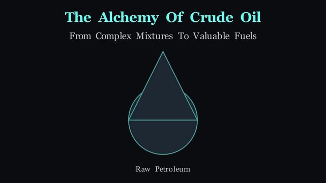 2D animation illustrating the stage-by-stage refinery process converting raw crude oil into gasoline and diesel, conceptual industrial chemistry diagram