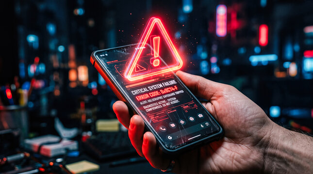 Human hand holding modern smartphone projecting glowing red holographic triangle warning alert displaying critical system failure error message cyber security hack