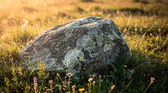 Large moss-covered boulder resting in a sunlit grassy field.