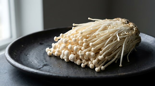 Fresh Enoki mushrooms arranged on a dark ceramic plate.