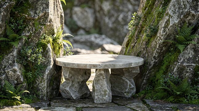 Ancient stone pedestal surrounded by mossy rocks and lush green foliage.