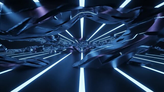 Futuristic blue neon lit hallway in spaceship interior.