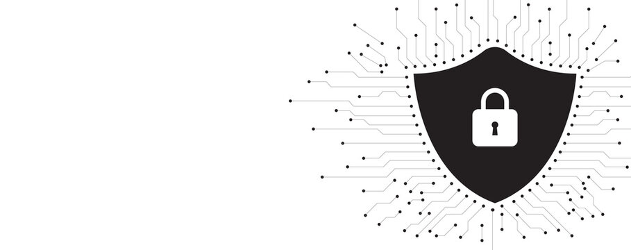Cyber Security Background shield with padlock and circuit board, abstract digital data protection technology network design
