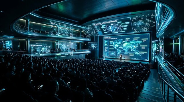 Futuristic Cyber Security Command Center Presentation to Audience.