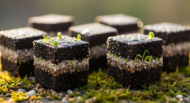 Moss-covered concrete blocks in natural sunlight