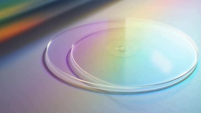 Clear circular disc with rainbow light refraction on smooth surface