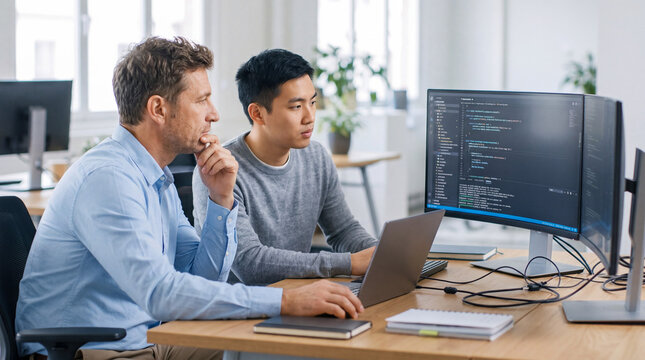 Two developers collaborating on code in modern office