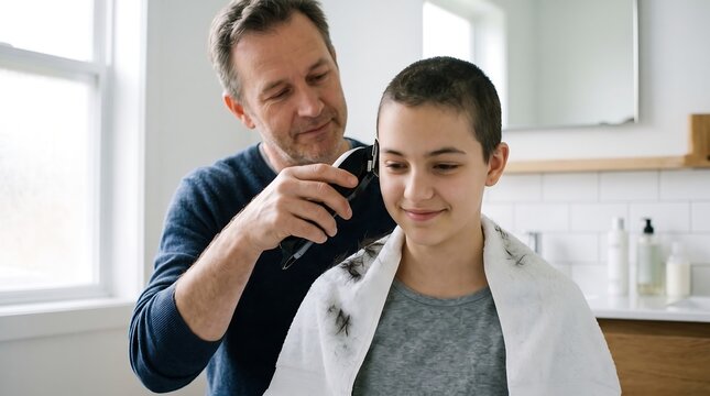 A father giving his son a buzz cut with an electric shaver in a bright bathroom.
