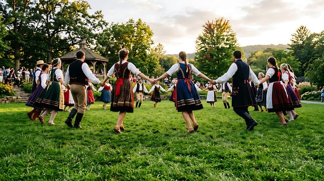 Group of people in traditional folk costumes dancing in a circle on a grassy meadow at sunset.