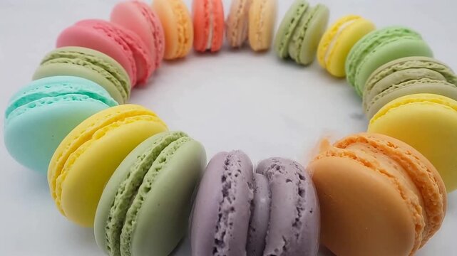 Colorful macarons arranged in a circular rainbow pattern on white surface
