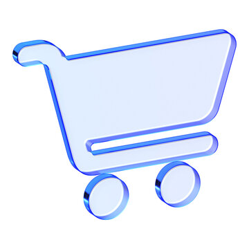 Blue glass shopping cart icon in glassmorphism style for e-commerce, functional store symbol designed for online purchase, retail checkout, and basket menus