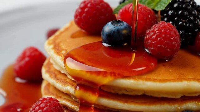 Stack of golden pancakes topped with fresh berries and maple syrup being poured