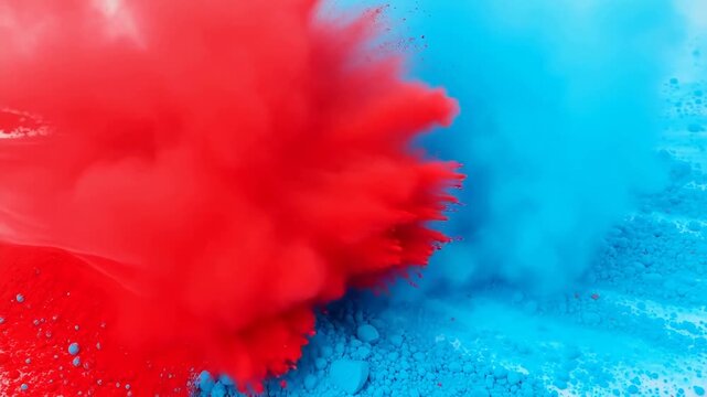 Red and blue powder explosion creating vibrant cloud on white surface