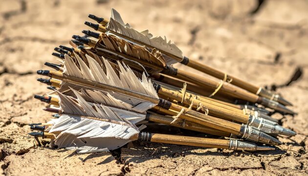 A bundle of traditional wooden arrows with feathered fletching rests on cracked dry earth, evoking themes of archery, survival, and ancient warfare.