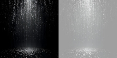 Obraz premium Realistic rain overlay effect with water drops falling. Heavy rainfall streams on dark transparent background