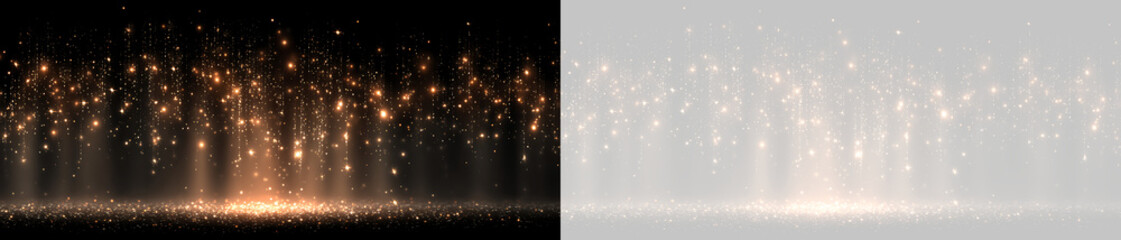 Shimmering golden glitter carpet with falling light sparkles on transparent background. Luxurious magic particle stage overlay © Василий Куриленко