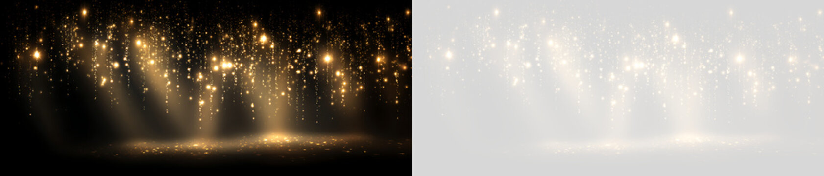 Golden glitter particles falling overlay. Sparkling dust and bright lens flare lights on black and transparent background. Glowing magic light effect for luxury design