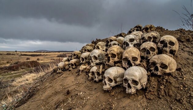 A chilling pile of human skulls arranged on a desolate hillside under a stormy sky, evoking a sense of mortality and dark history.