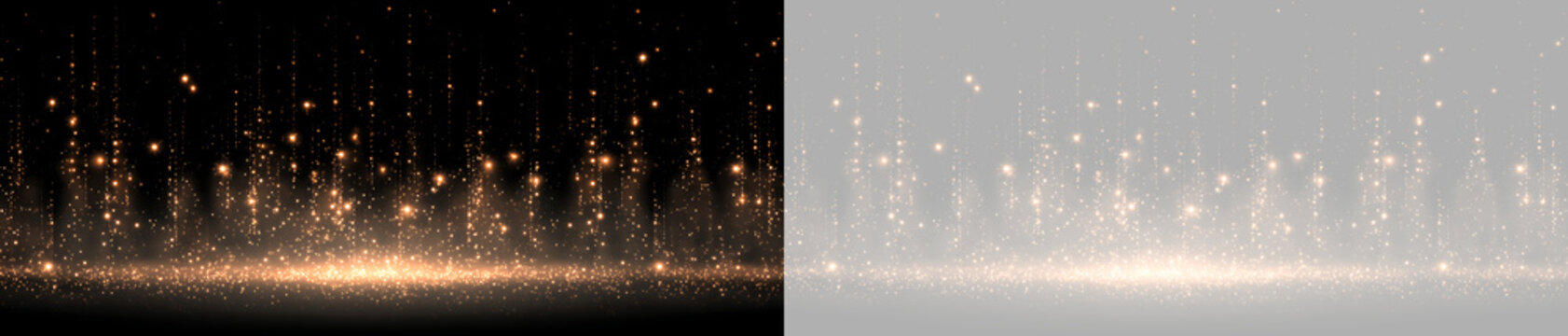 Golden particle trails rising with sparkling glitter effect. Glowing luxury overlay design isolated on transparent background