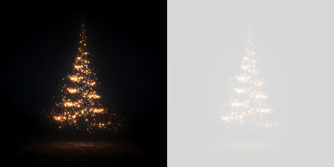 Golden sparkling light particle Christmas tree background overlay. Glowing magic gold glitter isolated on transparent background © Василий Куриленко