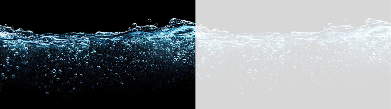 Continuous water wave line with dense air bubbles. Clear aquatic splash texture on black and transparent background