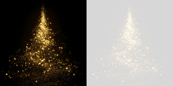 Glowing gold glitter christmas tree particle overlay. Sparkling holiday dust effect on transparent background. Xmas tree light trail