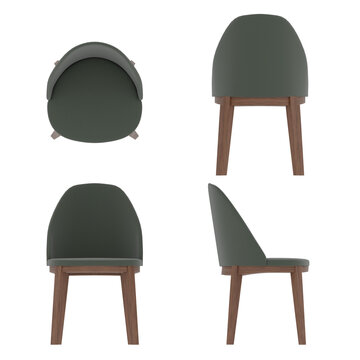 Dining chair 3D Rendering Stock Illustration on transparent background, top view, side view and front view.