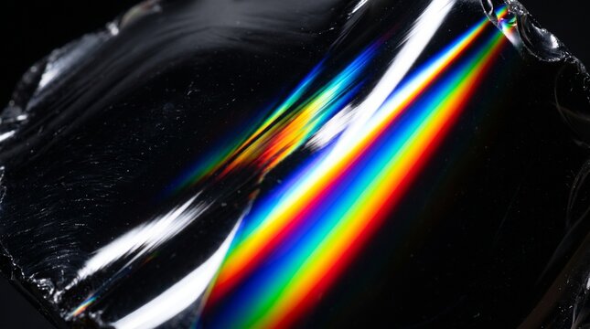 Vibrant rainbow spectrum light refracted on dark obsidian stone surface, ideal for abstract backgrounds and educational science designs.