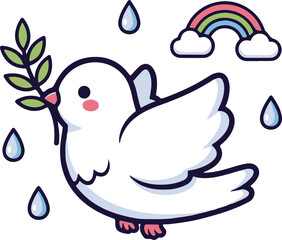 Obraz premium A cartoon dove holding an olive branch in a peaceful and serene environment with rain and a rainbow