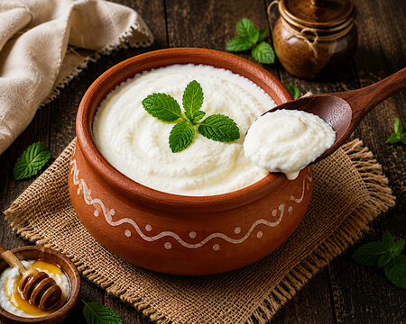 Yogur cremoso artesanal cuajada casera tradicional y leche fresca yogurt saludable, cuchara de madera colocada sobre pa&ntilde;o r&uacute;stico de mantel arpillera y mesa con miel y palo cuchara y menta hierbabuena