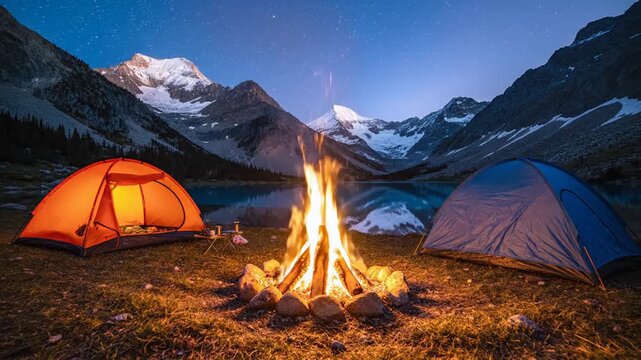 Camping near lake with fire and mountains.