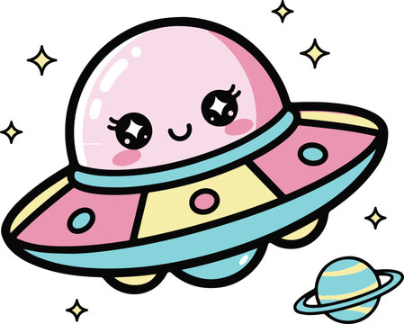 A cute cartoon alien spaceship flying in space with a smiling face