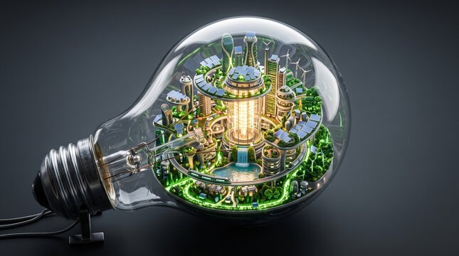 Futuristic ecofriendly city inside a light bulb, symbolizing sustainable energy and innovation for a green planet