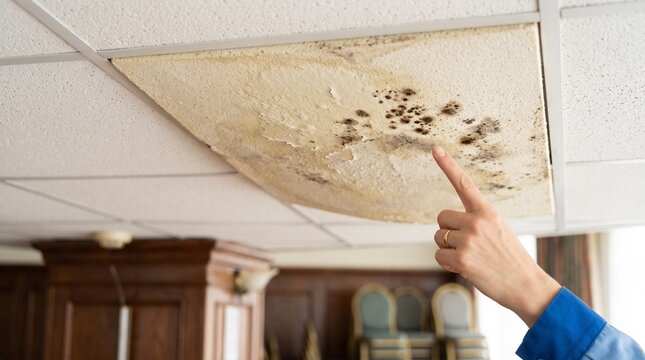 Hand pointing at moldy and water damaged ceiling tile
