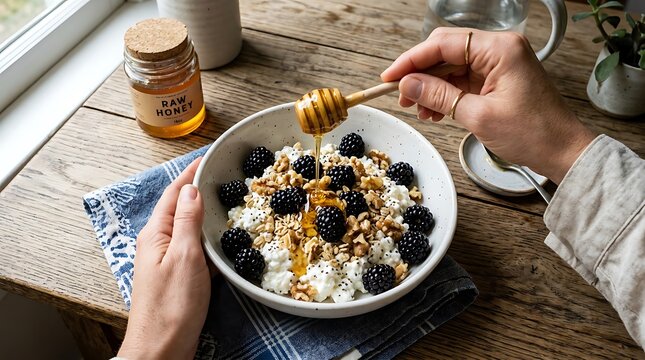 Healthy bowl of cottage cheese with fresh blackberries and honey.