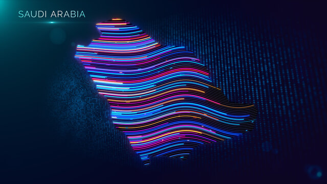 Modern glowing Saudi Arabia map with colorful wavy extruded lines, country title, particle grid background, lens flare, depth of field, and futuristic digital technology design.