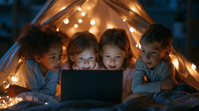 Four children watching a laptop in a cozy blanket fort with fairy lights at night