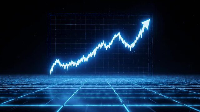 Stock market data visualization with rising graph and blue grid animation trading finance