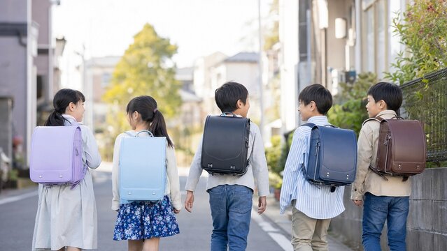 住宅街を集団登校する小学生たち