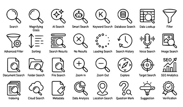 Minimalist Search Thin Line Icon Set with Editable Stroke for AI Search SEO Data Discovery Filters and Information Retrieval